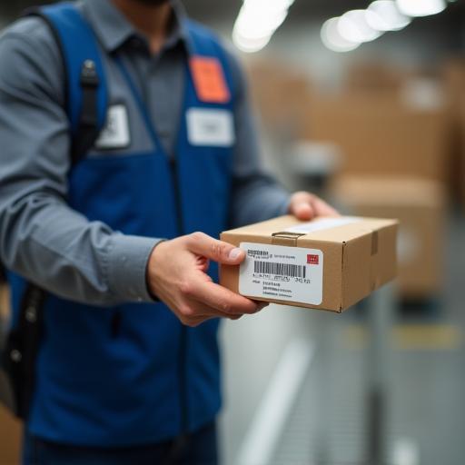 Courier scanning parcel for e-commerce order