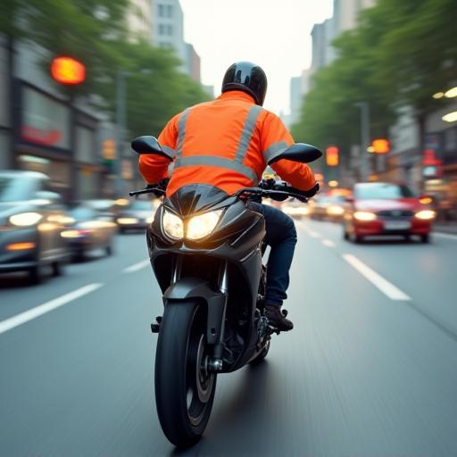 Motorbike courier weaving through traffic